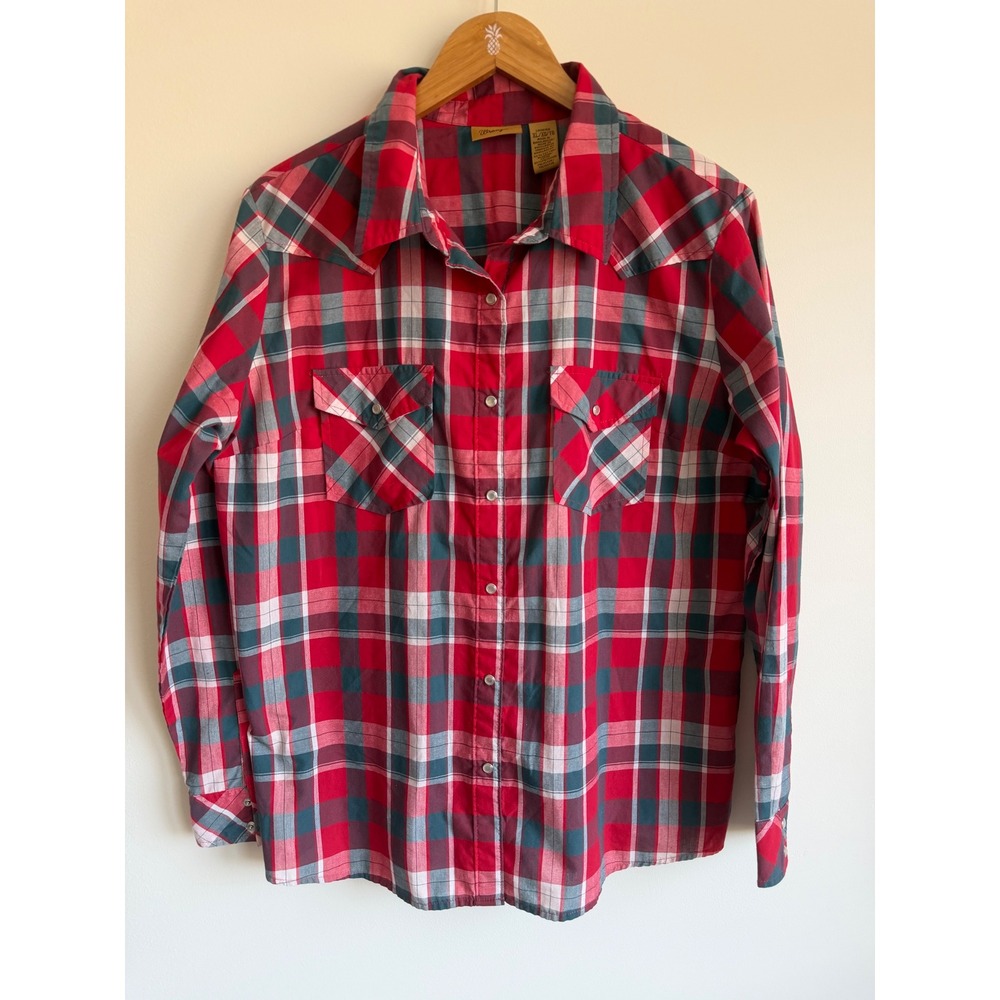 Wrangler Womens Plaid Western Snap Top XL Red Plaid Cowgirl Coastal Boho